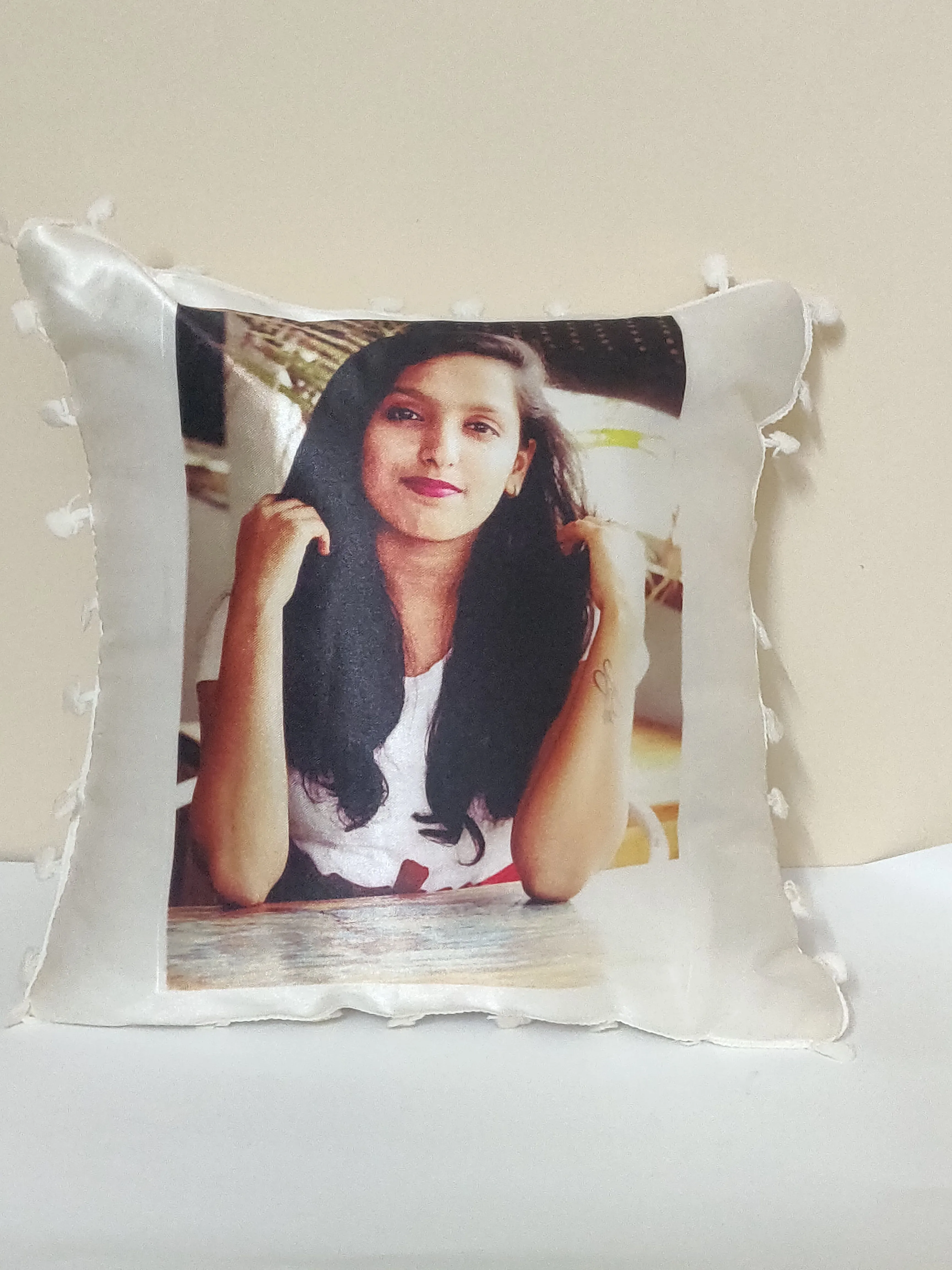 Personalized White Pom Pom Cushion